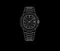 White line drawing of a wristwatch on a black background