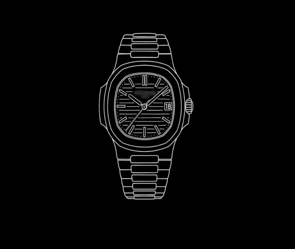White line drawing of a wristwatch on a black background